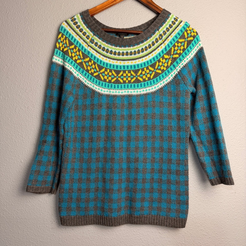 Talbots Women's Sweater Size‎ Small Fair Isle Plaid Print Blue Gray Holiday Cozy